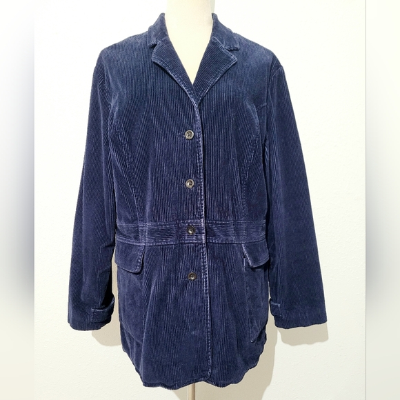 Hunt Club Women’s 16 Navy Blue Corduroy Blazer Jacket Belted 3-Button Vintage - Picture 1 of 9